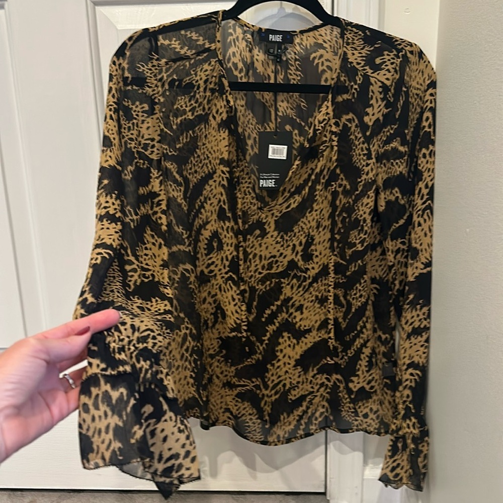 Paige Jolie blouse, tiger print, silk chiffon, v neck with tie